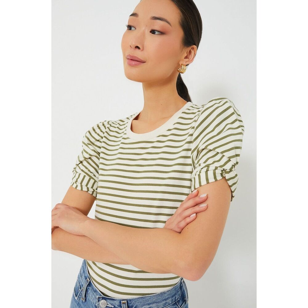 Tuckernuck Pomander Place Olive Striped Vesty Puff Short Sleeve Crewneck Size L